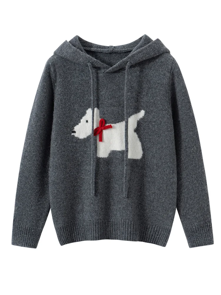

Gray Children's Wool Sweater Hooded Puppy Pattern Pullover Autumn Winter Kids Boy Girl 100% Merino Wool Knitwear Clothing Tops
