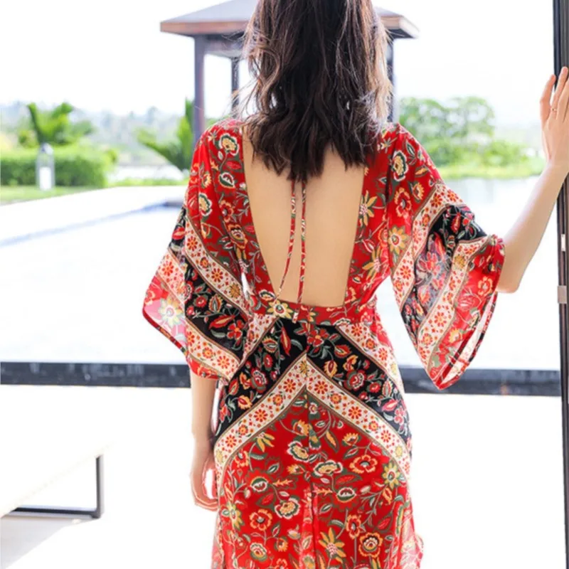 Travel Wear Seaside Holiday Beach Skirt Split Ethnic Print Backless Dress