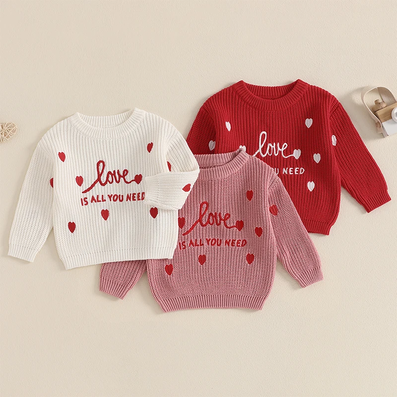 

Toddler Girls Sweater, Long Sleeve Crew Neck Letter Heart Embroidery Warm Winter Sweater Valentine’s Day Pullover Top