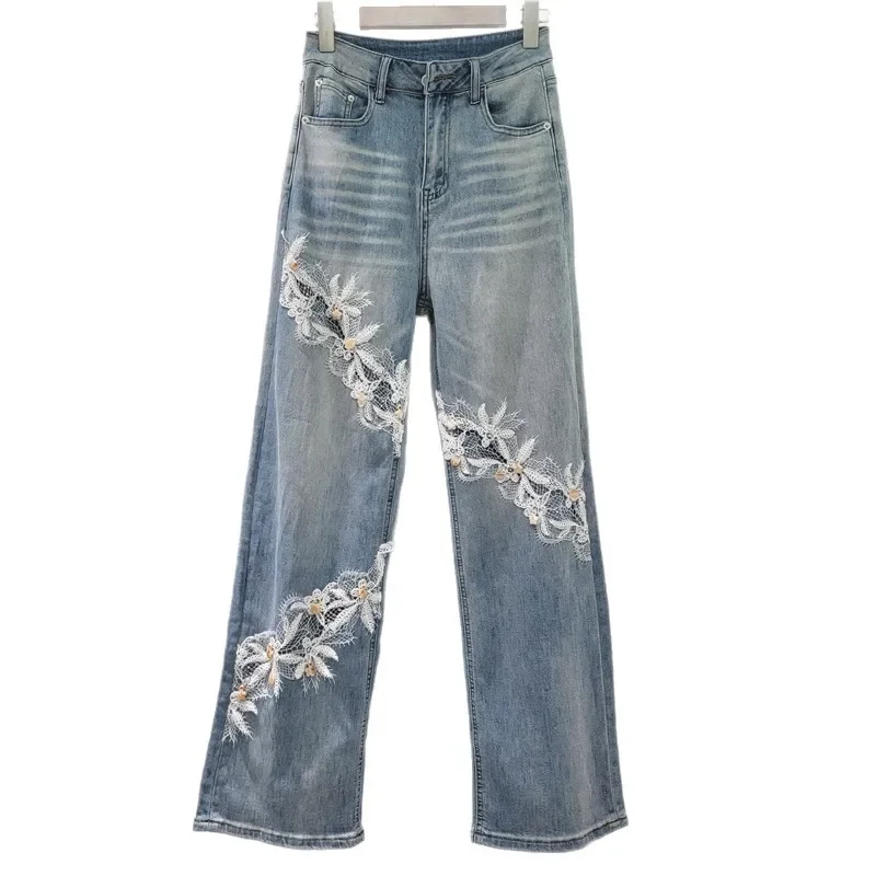 Women's Jeans Flowers Pendant Patchwork Lace Hollow Out High Waist Straight Denim Pants 2025 New Fashion Summer Female Trousers