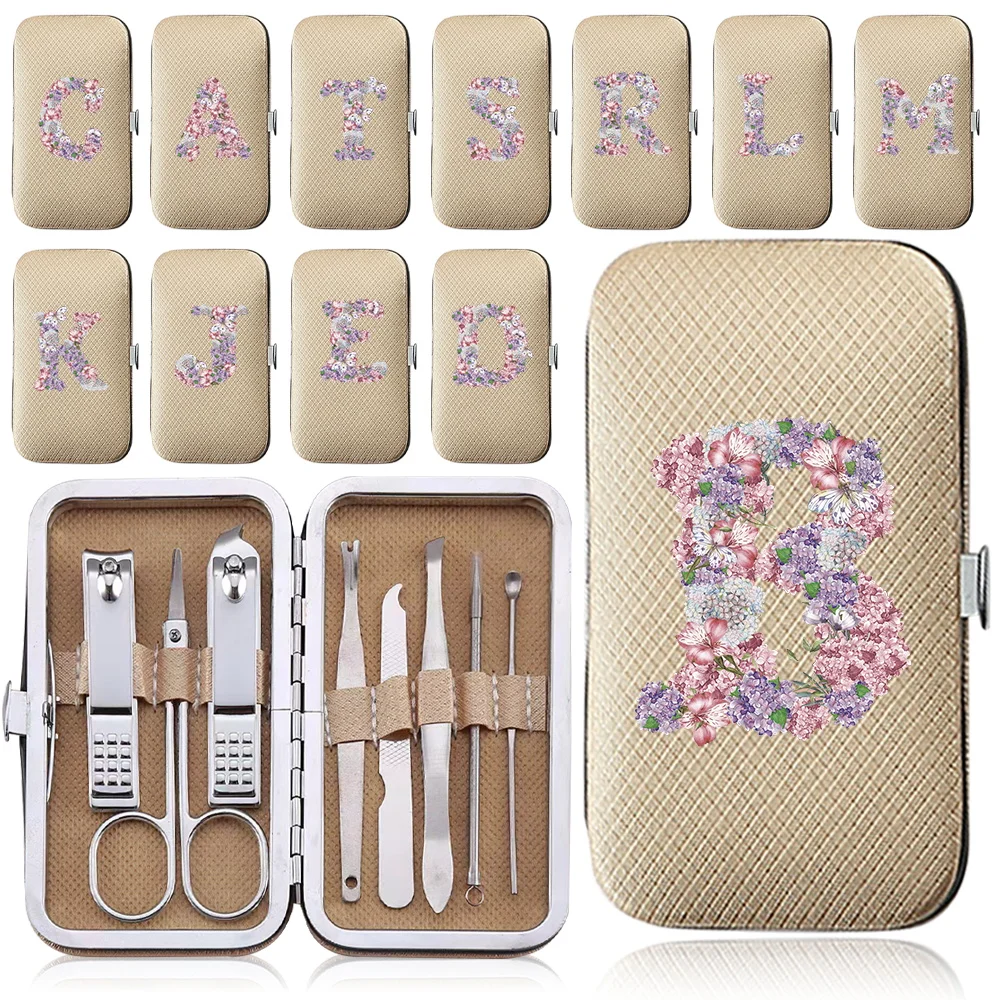 8Pcs Stainless Steel Manicure Pedicure Kit Personal Tool Organizer Nail Clipper Set Portable PU Case Rose Flower Letter Pattern