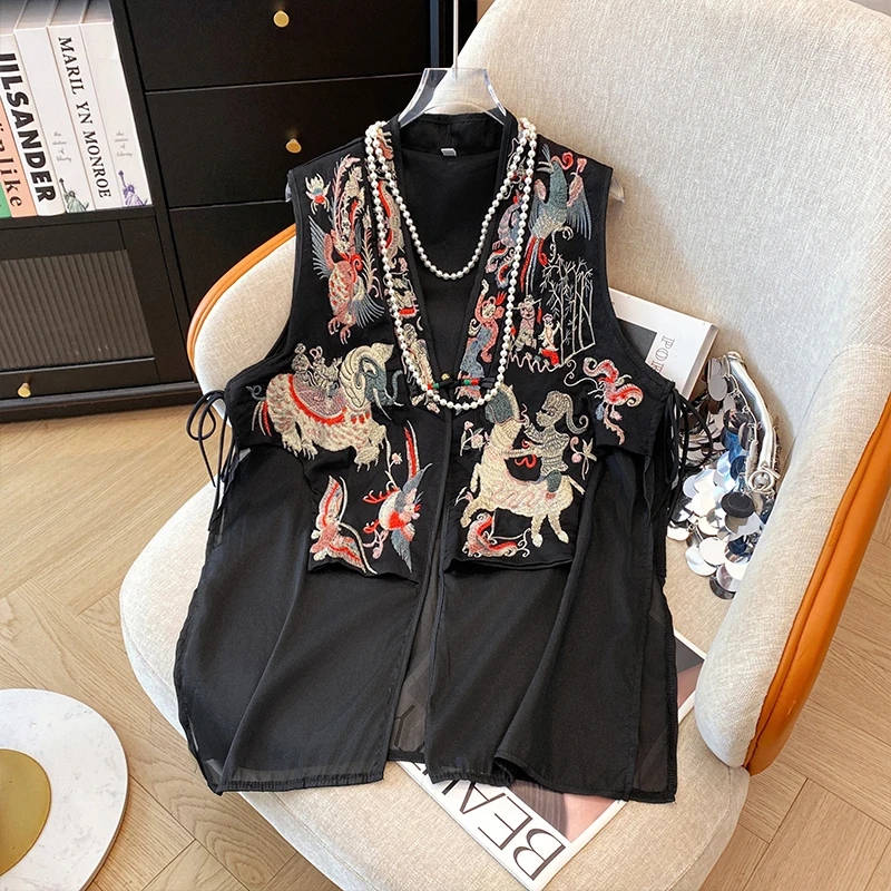 Vintage Chinese Stijl Vesten Jas Gestikt Mesh Geborduurde Gesp Tang Kostuum Jas Zomer Uniek Mouwloos Damesvest