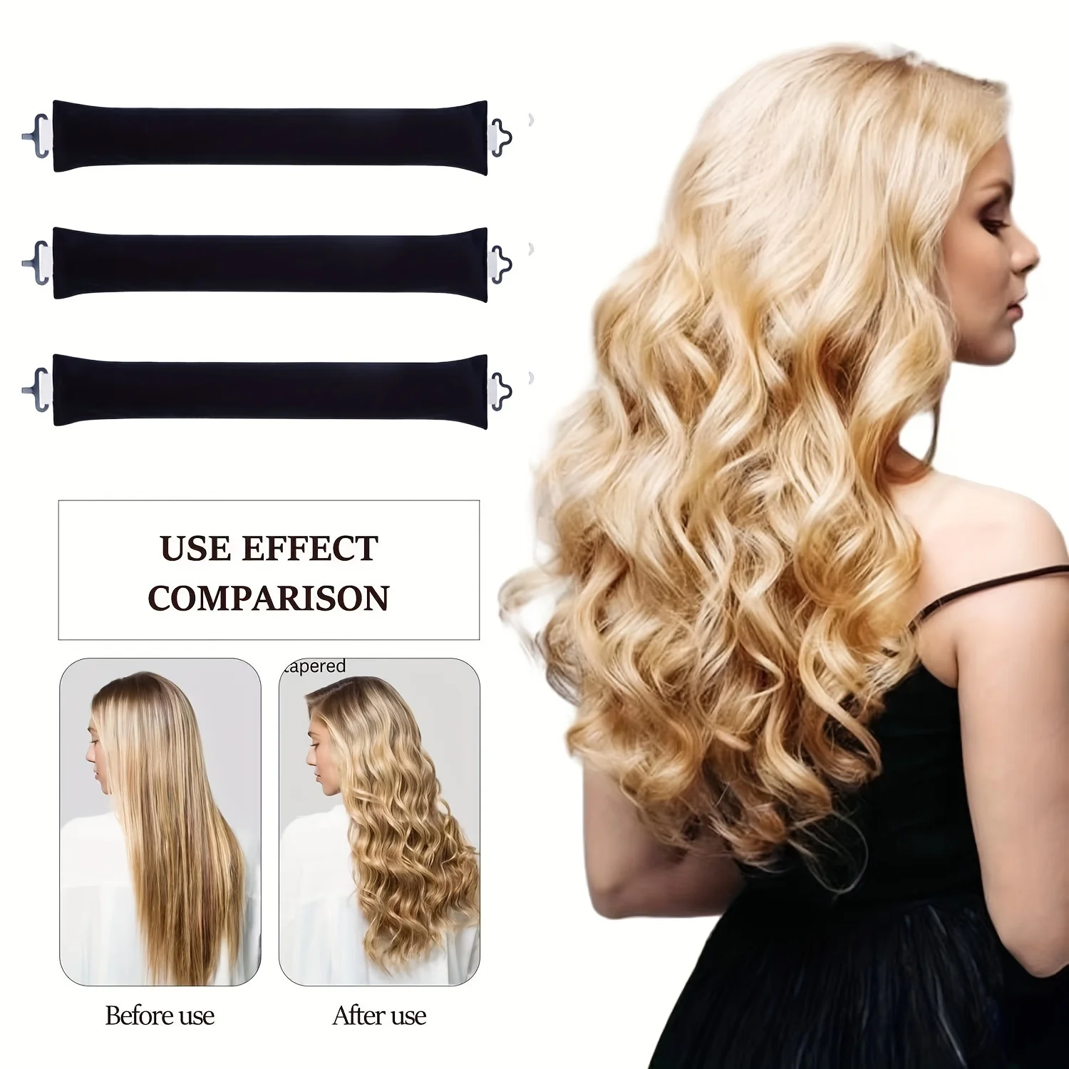 New Heatless Silicone Curler Set - 3 Pcs with Metal Hooks, Lazy Hair Styling Tool for Big Waves, Overnight Sleep Curlers