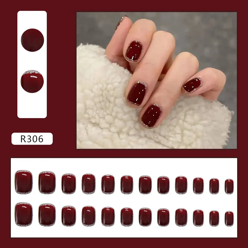 Brilhante unha falsa quadrada curta com adesivo, unhas falsas francesas clássicas, dicas de cobertura completa DIY, ferramenta de manicure, vinho vermelho, 24pcs