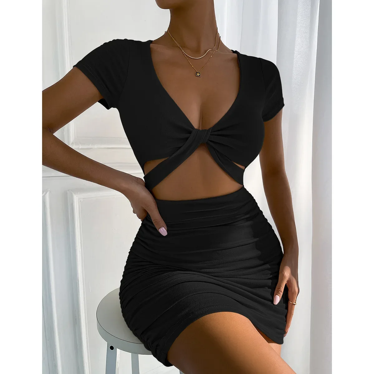 

2025 Short-sleeved Dress, Women's Clothing Summer Sexy V-neck Waist Hollow Dresses Vestido Plus Size 9XL 8XL 7XL 6XL XXXXXL