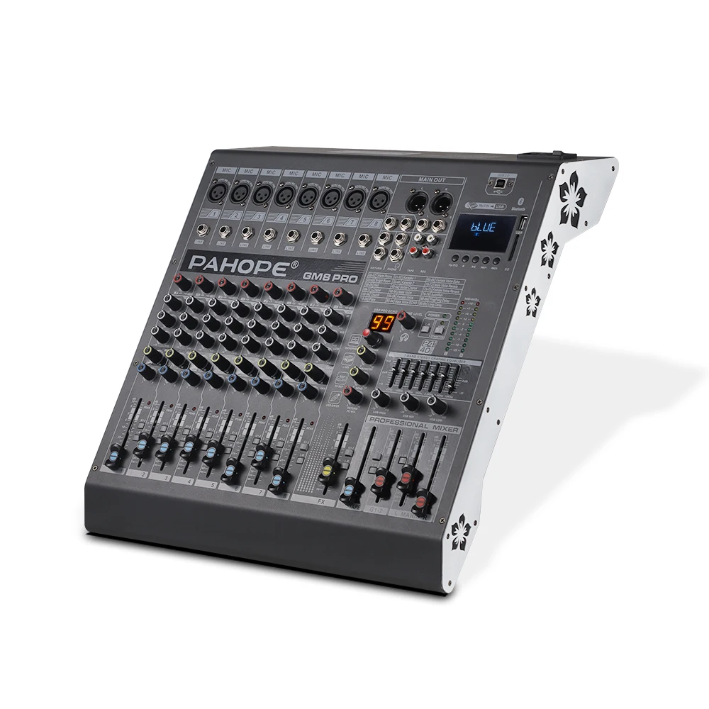 Professional 8-channel mixer party room meeting room and karaoke audio processor mixing with BT recording and monitoring support
