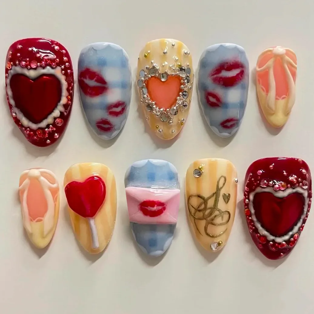 

24PCS Sweet Bow Almond Fake Nails with Glue Sweet Cool Lipstick Retro Red French Press on Nails Ins False Nails for Spice Girls