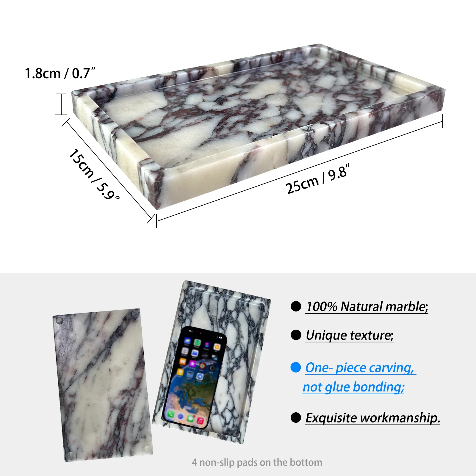 Natural Marble Vanity Tray Genuine Viola Marble Storage Tray for Bathroom/Kitchen/Dresser(Calacatta Viola, 10x6in)