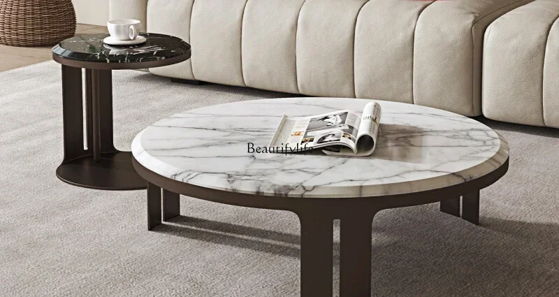 

46Italian minimalist marble light luxury round coffee table high and low combination