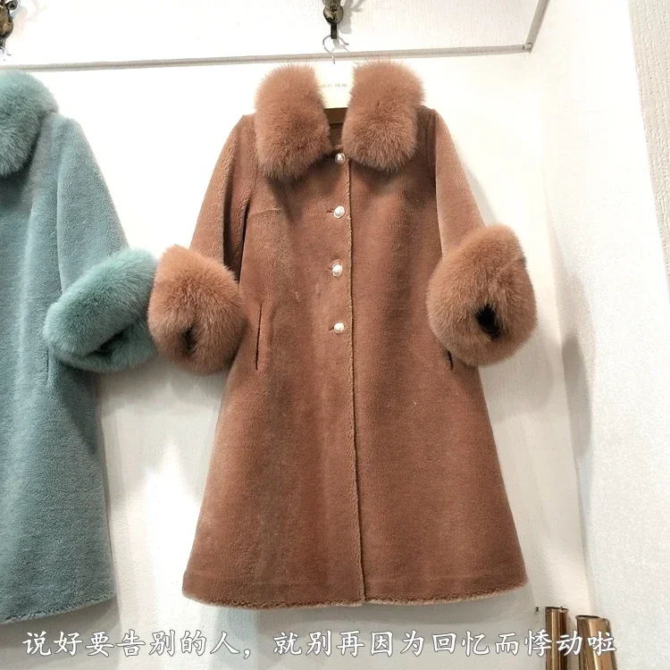 Fox Fur Collar Sheep Shearing Coat Women Mid-length 100% Grain Wool Fur One Fur Jacket for Women Elegent Winter Warm Jacket 2021