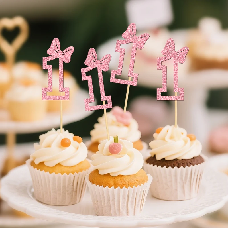 YOMDID 24 Stück Cupcake-Topper zum 1. Geburtstag, glitzernde 1. Geburtstags-Kuchenaufsätze mit Schleifendekoration für Valentinstag-Dekoration – Detail 10