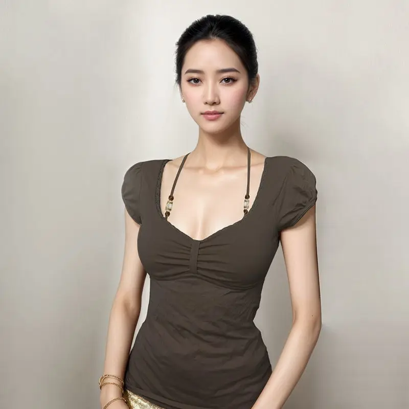 

Onalippa French Style Pure Desire Spicy Design Lace Bead Hanging Neck T-shirt Slim Fit Slimming Pleated Chest Collarbone Top