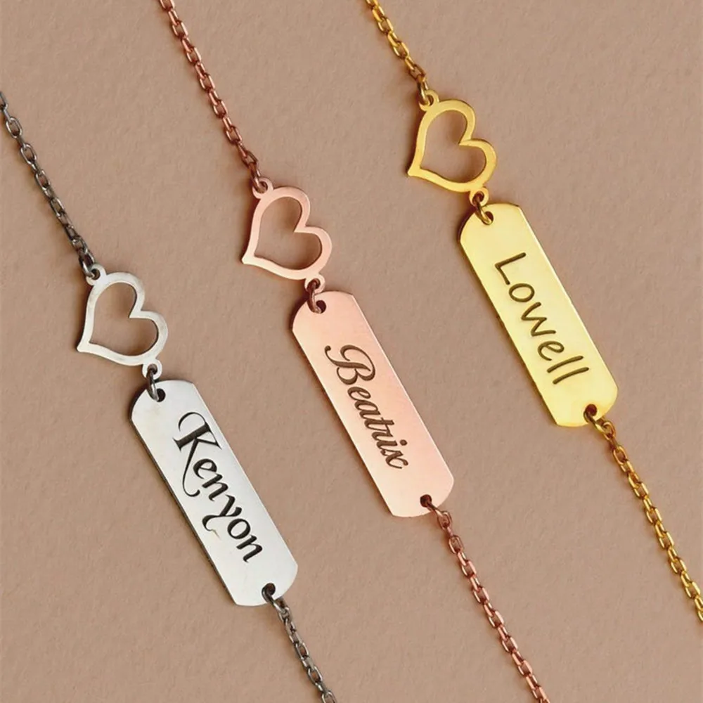 

Персональный браслет с полым сердцем и именем Pulseras из нержавеющей стали, индивидуальный браслет с гравировкой и именной табличкой, подарок на день рождения