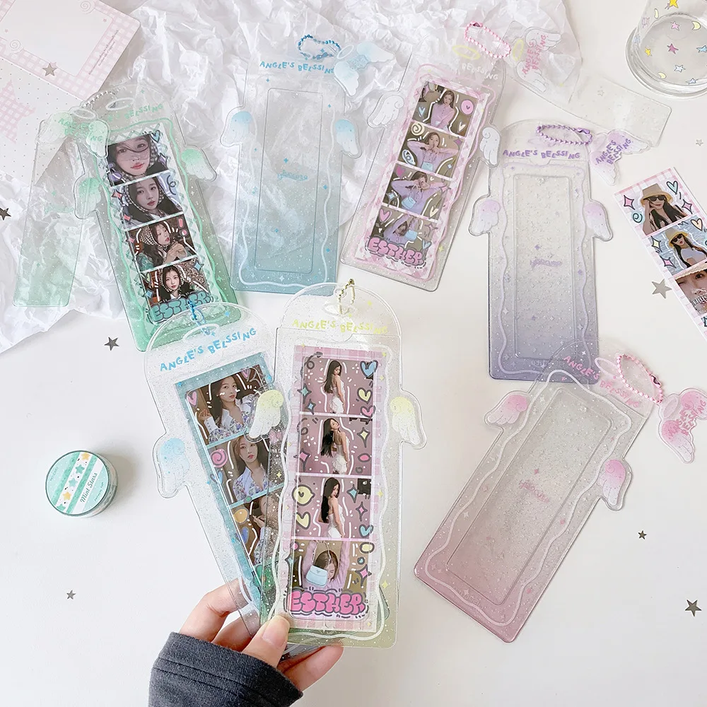 PVC Glitter Transparent Life Four Grid Card Holder Girl Kpop Angel Wings Pendant Long Card Holder Bookmark Card Case image 3