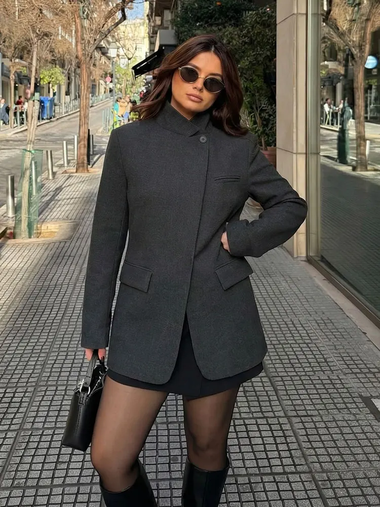 Blazer de Primavera HH 2026 para Mujer, Chaqueta de Traje a Cuadros de Moda, Cuello Alto, Botón Único, Manga Larga, Ropa de Calle Femenina
