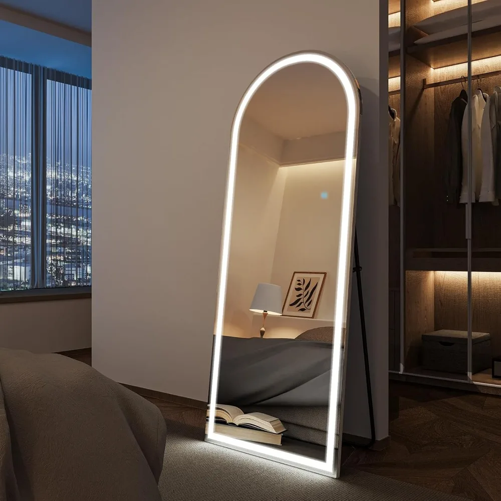 Espelho de piso arqueado de comprimento total iluminado por LED, 65x24 com brilho ajustável e 3 modos de cor, espelho de corpo magro em pé