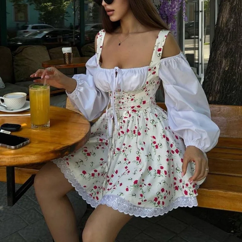 

Women's Clothing2024Spring and Summer Bubble Sleeve Strap Tube Top Fake Two-Piece French Dress Floral Suspender Dress