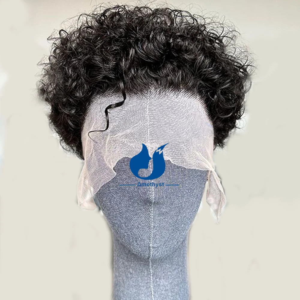 Peruca Curta Pixie Cut Curly Full Lace para Homens, Cabelo Humano, Destaque Marrom, Perucas Kinky, Preplucked