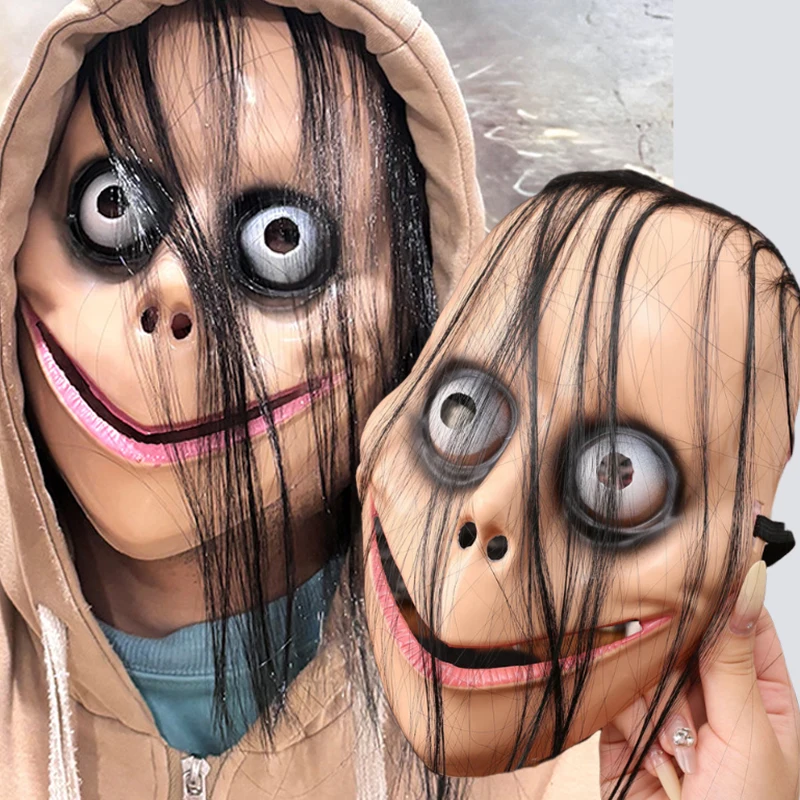 

New Halloween Horror with Long Hair Cosplay Female Ghost Mask Roleplay Masks Funny Mask V-shaped Mouth Mask Party Tricky Toys