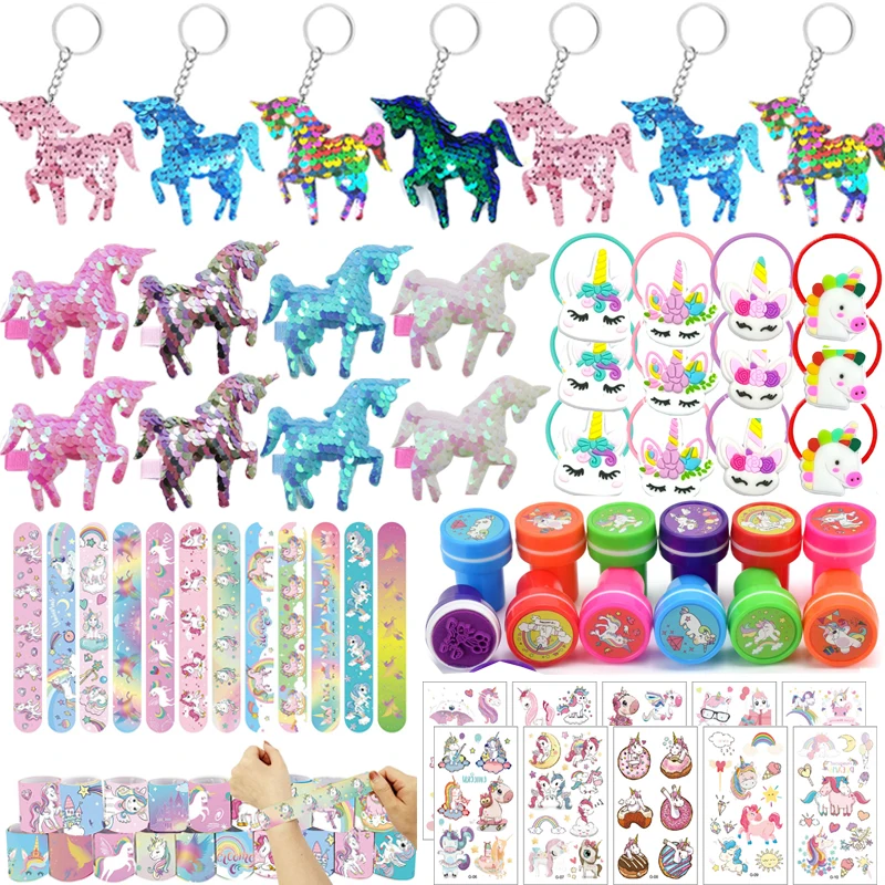 72pcs Unicorn Gifts Pinata Stuffers Unicorn Sequin Keychain Slap Bracelet Tattoos Stamps Birthday Christmas Party Favors Kids