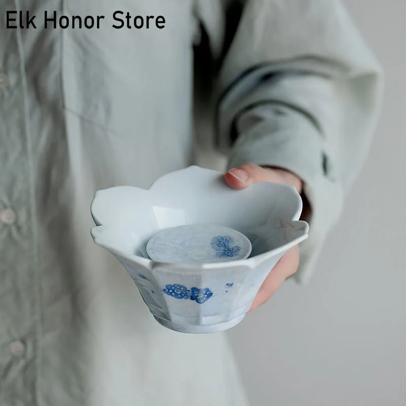 

Pure Hand-painted Fog Blue Cherry Blossom Art Pot Bearing Creative Lotus Pot Inheriting Zen Ceramic Dry Bubble Table Fruit Plate