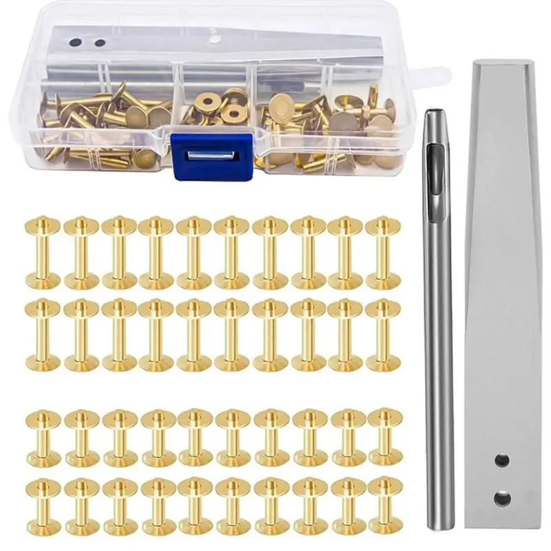 ABUI-Brass Leather Rivet Set With Installation Tools, Multi Sizes Double Cap Rivets Kit For DIY Leather Craft, Bags Repair