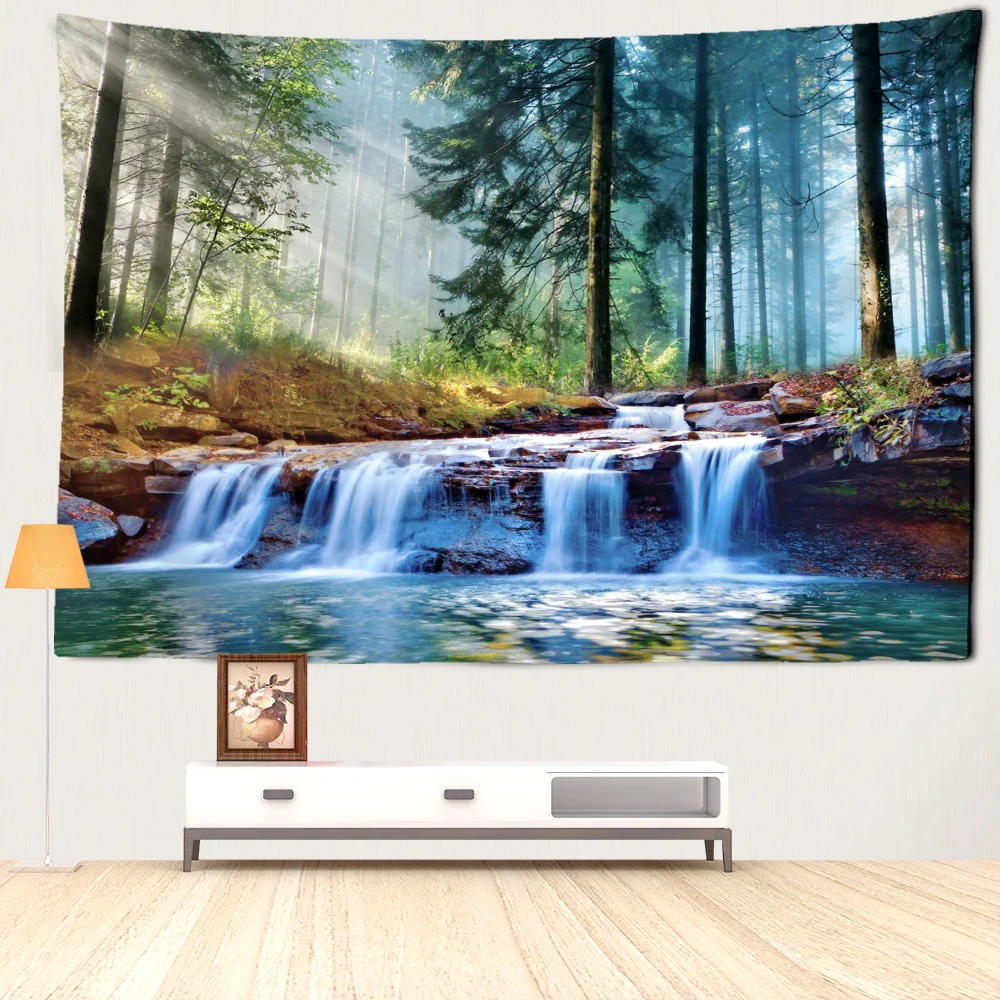 Misty Forest Waterfall Tapestry Wall Hanging Minimalist Natural Art Bohemian Hippie Bedroom Living Room Home Decor