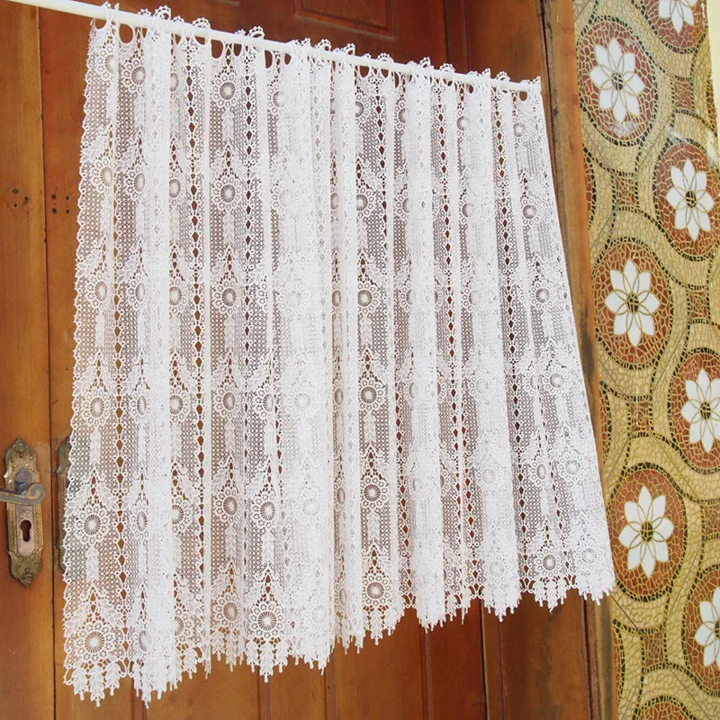American Geometry Crochet Hollow Short Curtains for Kitchen Partition Manual Rhombus Linen Flowers Lace Half Curtains #A122