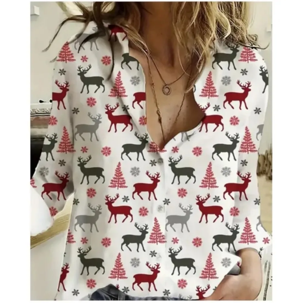 2024 New Spring Autumn Ladies Blouses Casual Comfortable Christmas Print Patterns Women's Long Sleeve Shirt Christmas Party Tops