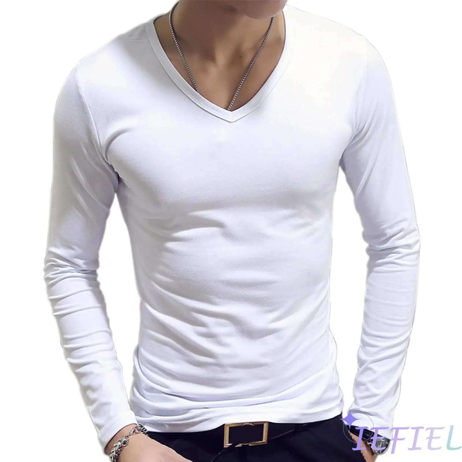 

Men V Neck Slim Fit Casual T-shirt Long Sleeve Stretch Undershirt Casual Solid Color Pullover shirt Athletic Muscle Tops