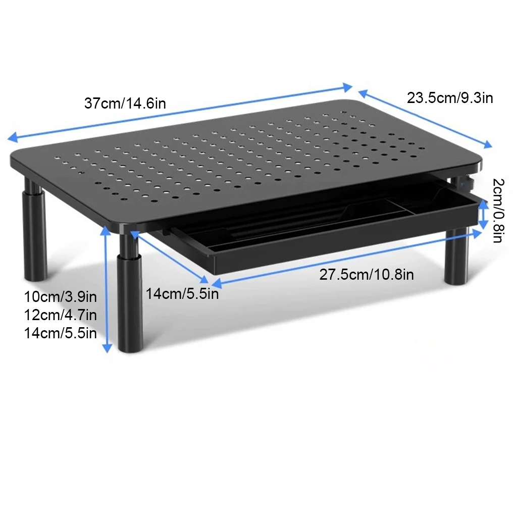 컴퓨터 모니터 서랍이있는 스토리지 랙 높이기 노트북 열 방출 홀더 데스크탑 홈 오피스 키보드 주최자 선반