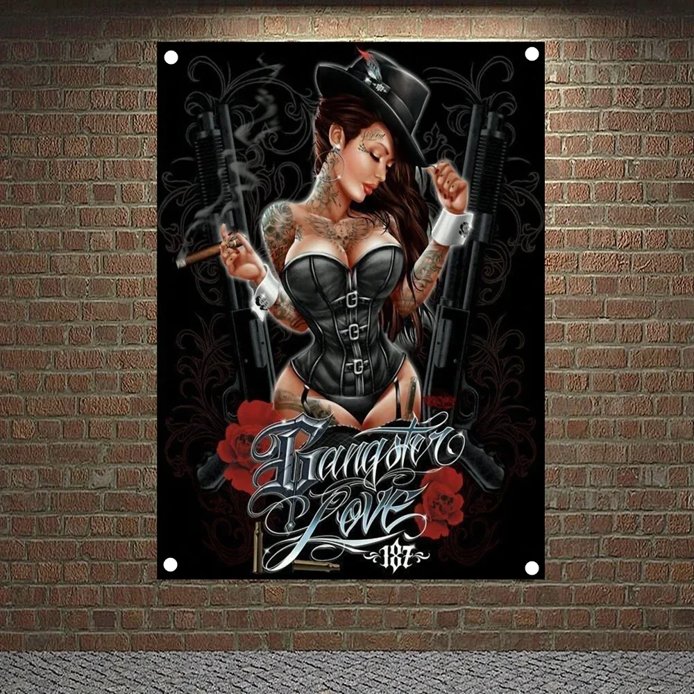 Sexy gangster girl Death Art Banner Wall Painting Chicano Tattoo Art Posters Hanging Flag Wall Sticker Home Decor Tapestry