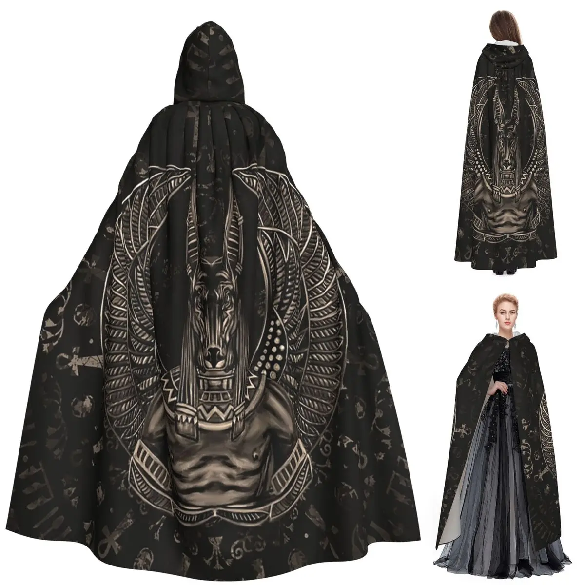 

Anubis Egyptian God Sepia Long Hooded Cloak Witch Medieval Costume Cosplay Cape HalloweenCoat Adult Unisex