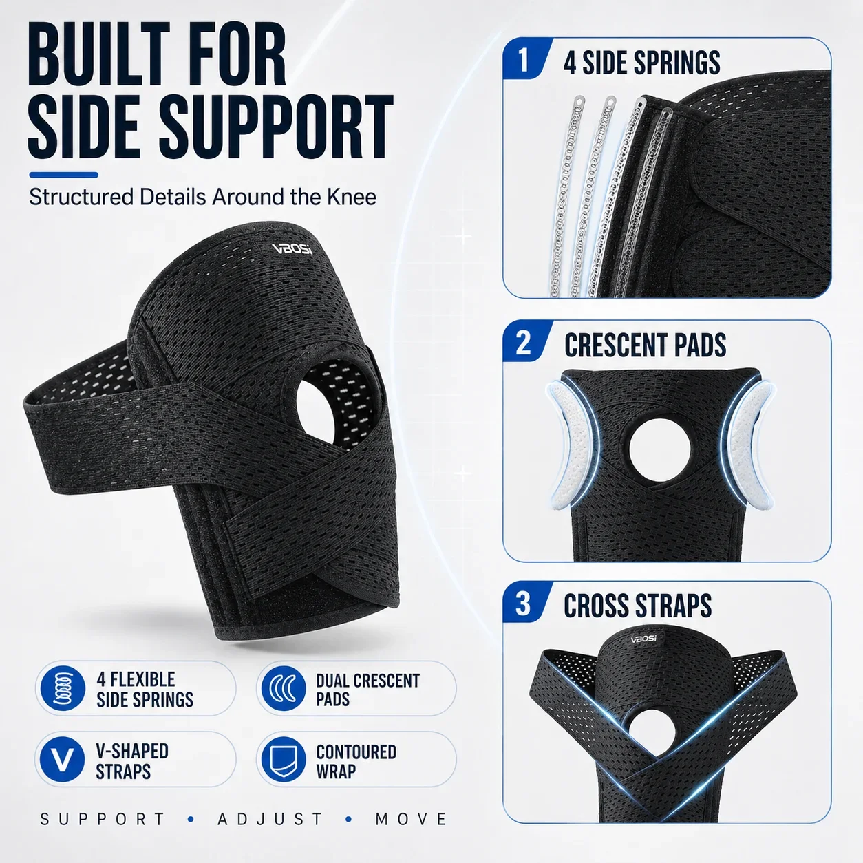 Adjustable Knee Support Brace for Men Women 4 Spring Stabilizers V-Straps Open Patella Breathable Sports Compression Knee Sleeve