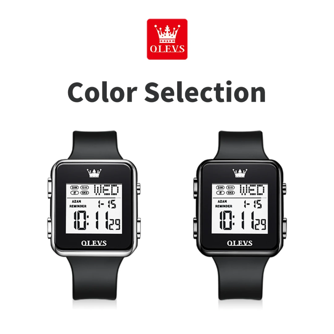 OLEVS 1105 스포츠 디지털 시계 선물 스퀘어 다이얼 PU 손목 시계 주간 표시 달력 빛나는 스톱워치 타이머