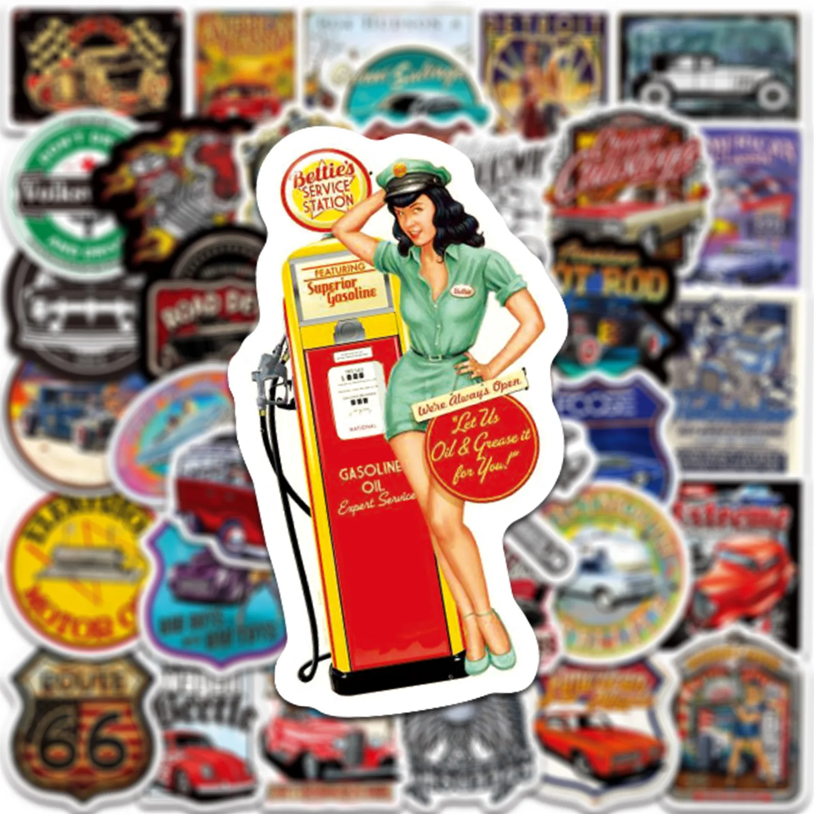 10/50/100PCS Hot Rod Retro Vintage Car Sticker DIY Diary Laptop Luggage Guitar Phone Water Cup Car Graffiti Decals Fun for Kid