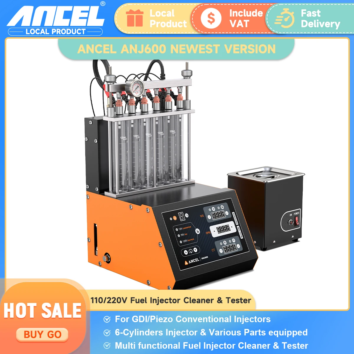 ANCEL ANJ600 GDI Piezo 6-Cylinder Fuel Injector Tester Cleaner Machine 110/220V Car Motorcycle Ultrasonic Cleaning Auto Tools