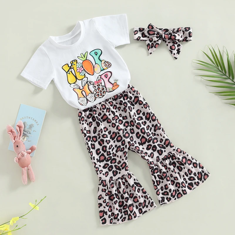 Toddler Baby Girl Easter Outfits Letter Print Short Sleeve T Shirt Top Leopard Flared Bell Bottom Headband Set 6M-4T