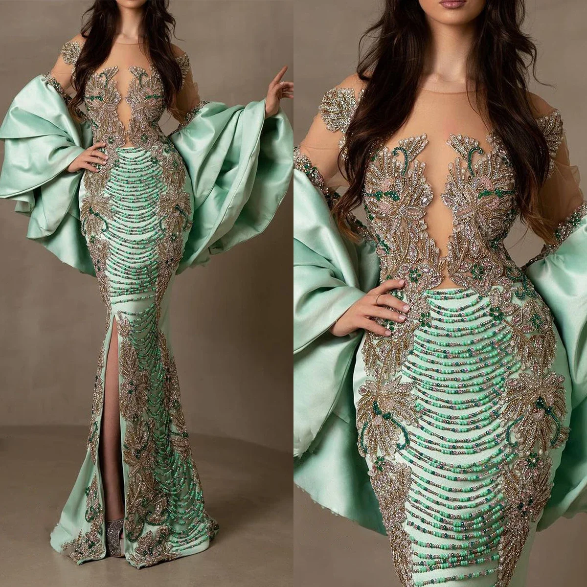 Gorgeous Crystal Mermaid Prom Dress Beaded Pearl Tassel Side Split Formal Occasion Evening Dresses Custom Made