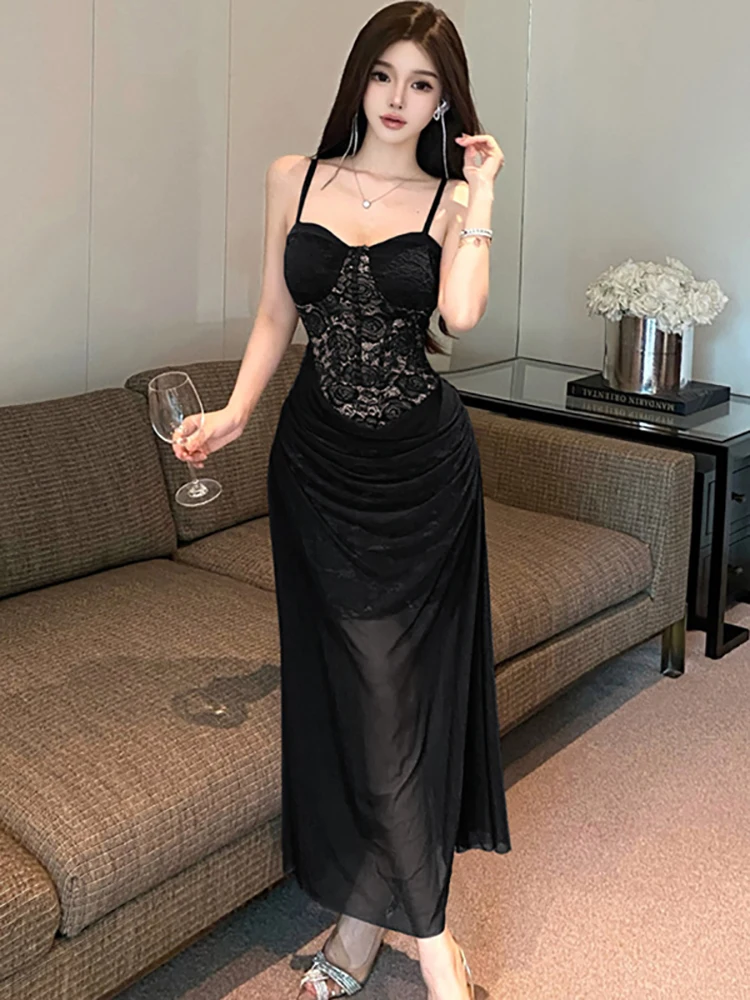 Verano rojo malla Patchwork encaje elegante Sling vestido largo mujeres coreano Vintage vestido de fiesta de baile de lujo 2025 elegante ceñido Vestidos