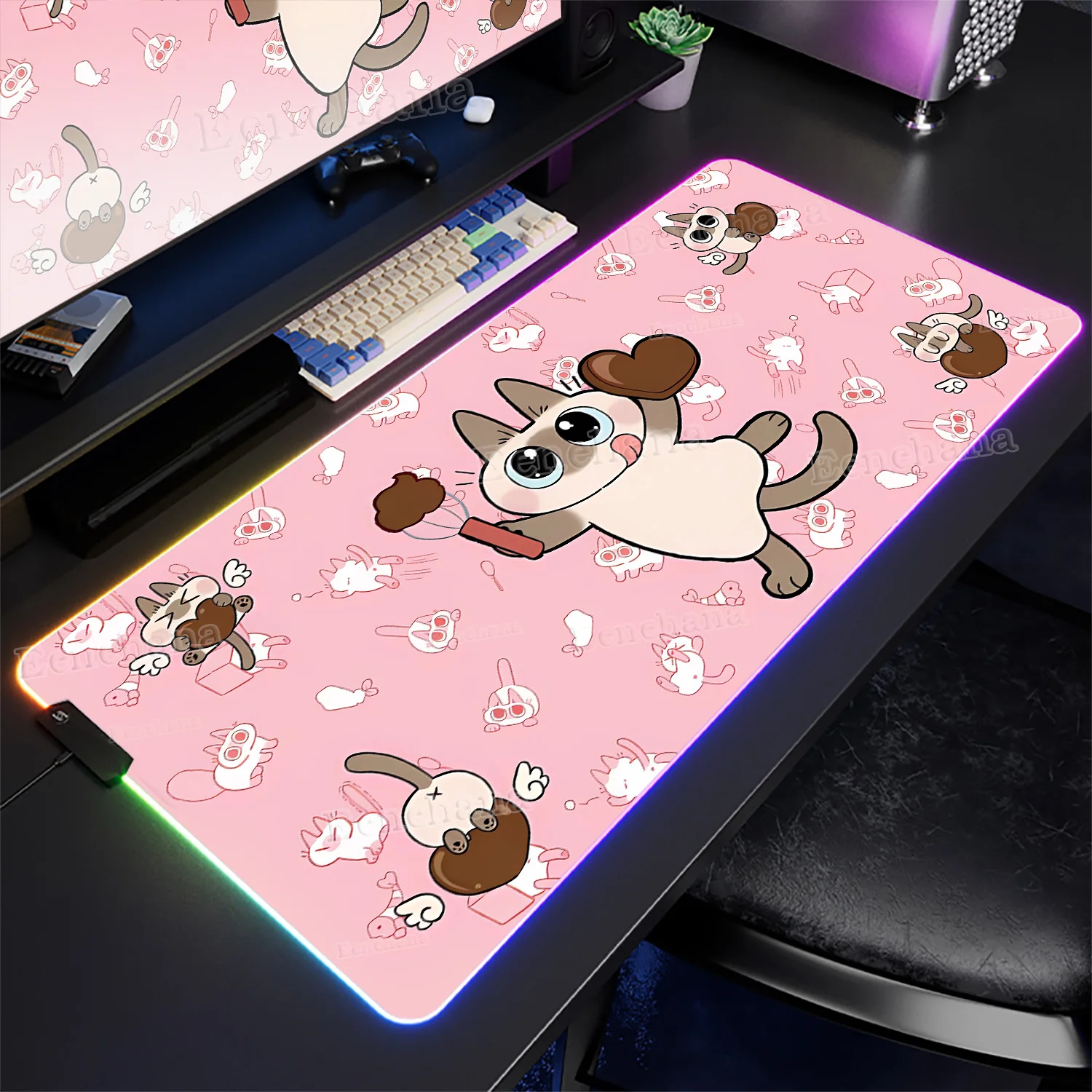 

RGB Item Siamese Cute Cat Bean Large Mouse Pad LED Keyboard Laptop Kawaii Gamer Office Desk Mats Backlight PC Gaming Accessories