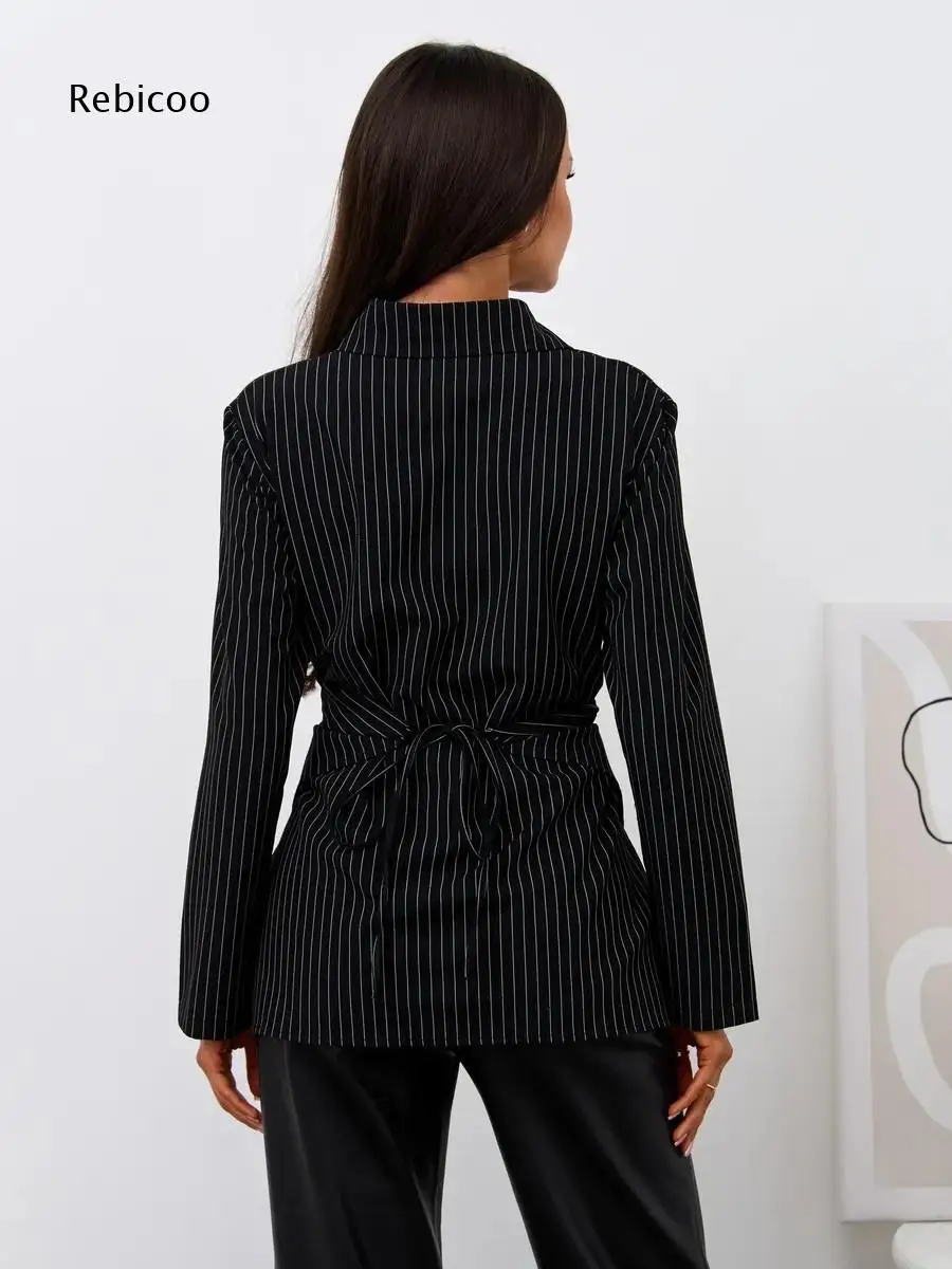 Striped Cross Wrap Waist Tie Blouse For Women Lapel Collar Long Sleeve Irregular Hem Shirt For Commute Dating Daily Occasions