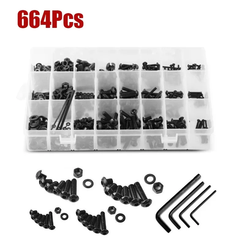 

664Pcs Screw Nuts Set Carbon Steel Screws Nuts Washers with Wrench Kit Allen Hexagon Screw Nut Tools M2 M3 M4 M5 Fasteners Kit