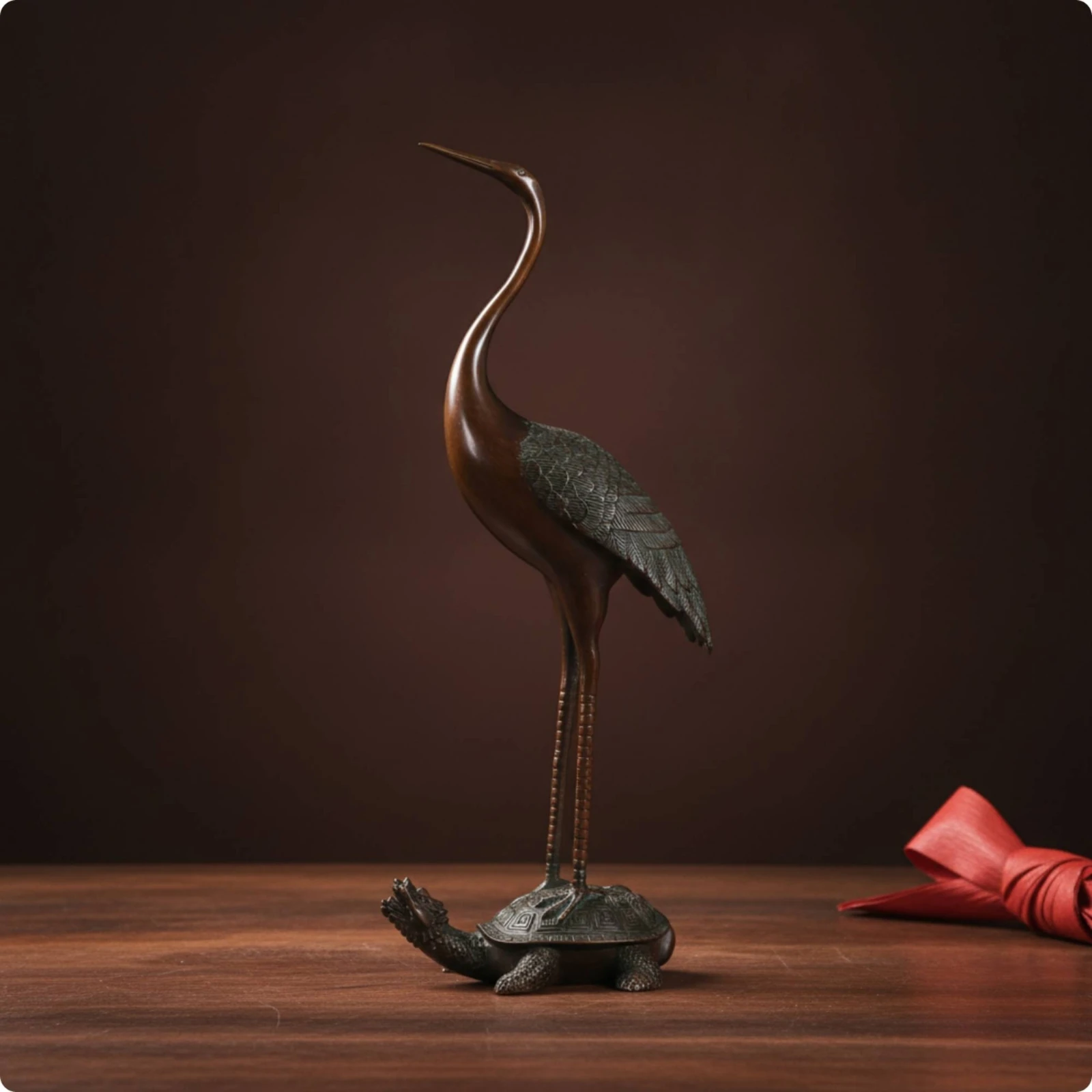 Crane Statue with Turtle Base Patina Crane Sculpture on Turtle Tabletop Sculpture Decorative Decor Compact for Art Collectors