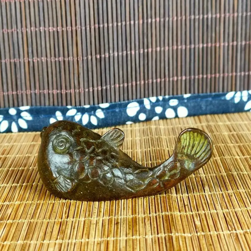 Retro Antique Bronze Chinese Dolphin Pufferfish Paperweight Pen Holder Statue