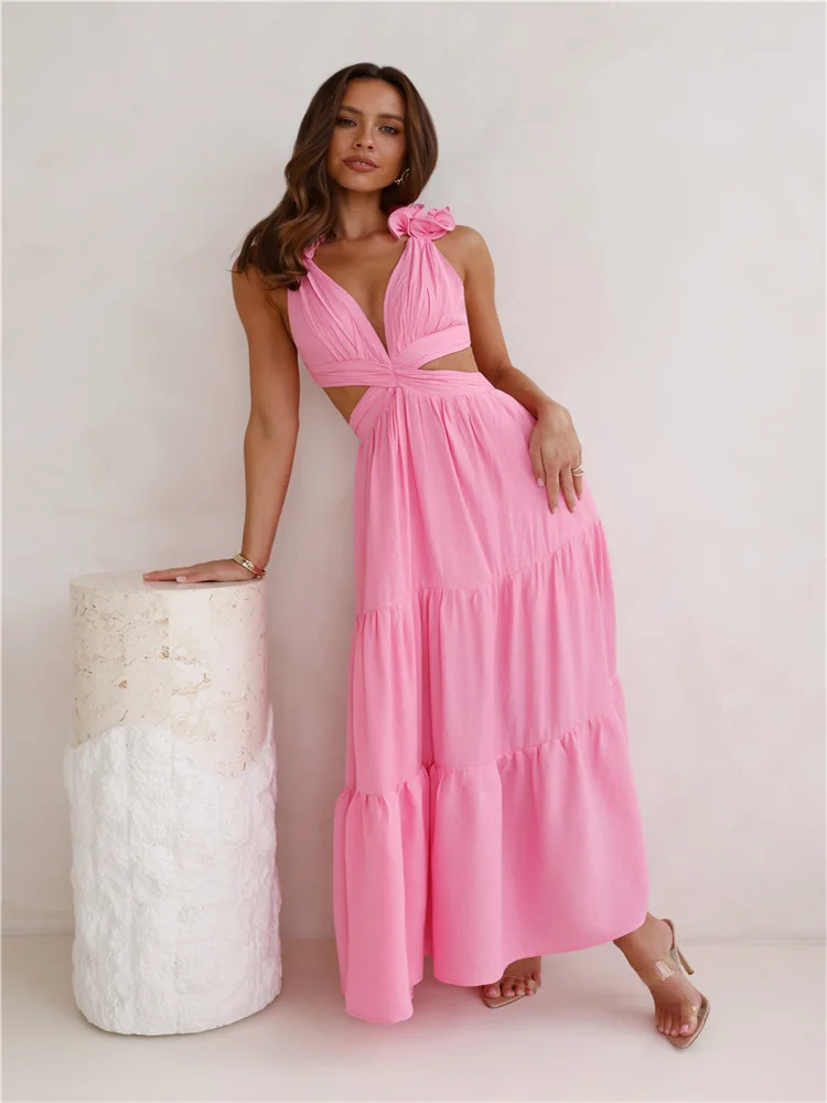 Vestido de noche sin mangas con escote en V y volantes en los hombros para mujer, elegante vestido de noche con línea A, encaje abierto en la espalda, largo hasta el suelo, gran oferta