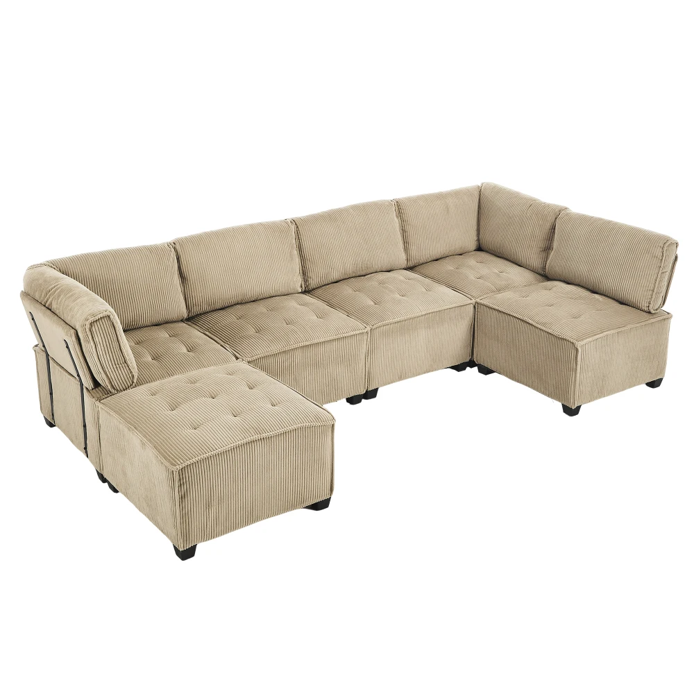 Sofa Modulares 6-Sitzer-Sofa, Kordelstoff, ergonomisch, Aufbewahrungstaschen, flexibel kombiniert als U-Form/L-Form/Sofabett – Detail 35