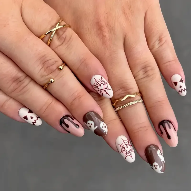 24pcs Short Almond False Nails White Brown Ghost Heart Spider Web Pattern Press On Nails Wearable Halloween Fake Nail For Party