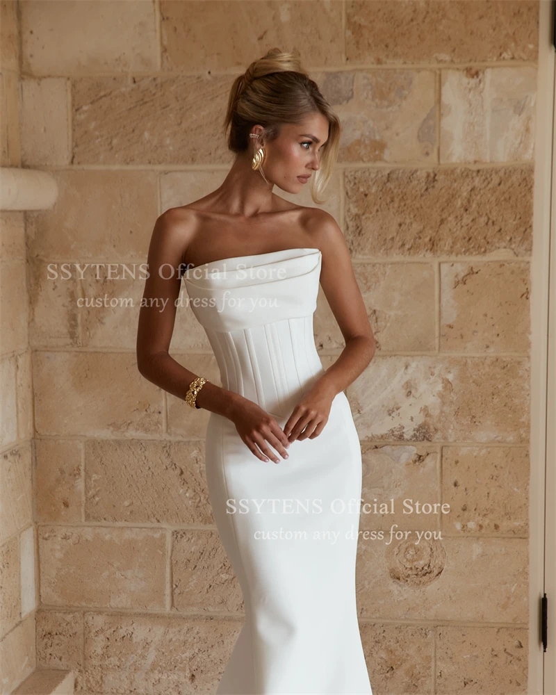 Ssytens simples sereia branco vestidos de casamento cetim sem costas vestido de noiva trem varredura vestido de noiva vestidos de fiesta personalizado