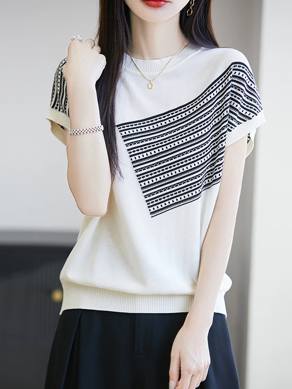 夏用ルーズフィットストライプTシャツ レディース ニット ラウンドネック ニットベースレイヤー スプライスカラー 通勤 スタイル